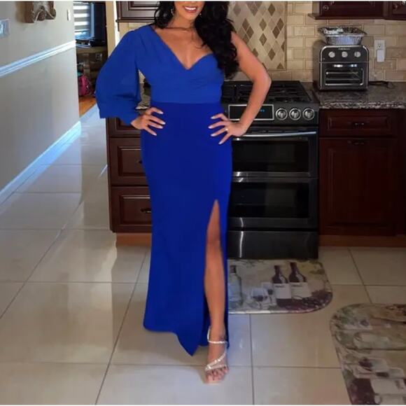 Elle Zeitoune Blue One Shoulder Structured Gown LARGE Formal Slit Designer $410 - Picture 12 of 12